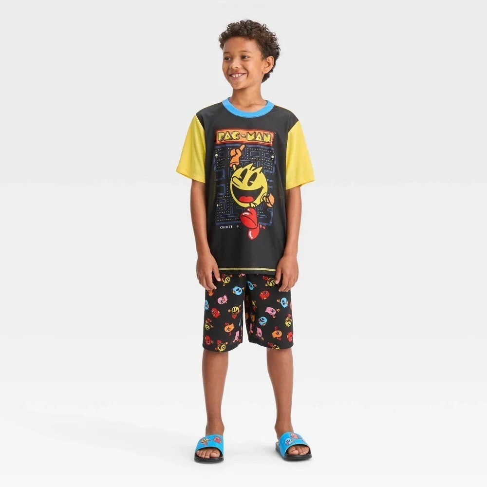 Boys Pac-Man Short Sleeve Top Shorts Pajama Set with Slide Sandals Black Size 8